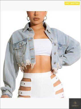 Cropped Denim Jacket Ripped Distressed Frayed Hem Button Up Long Sleeve